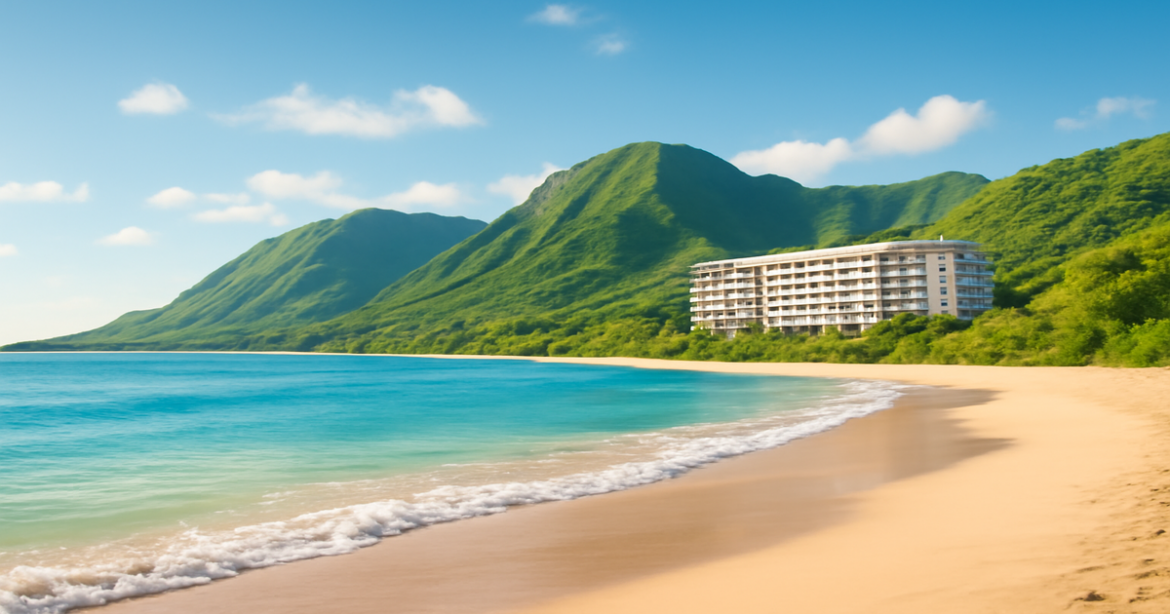 Explore investment products with a relaxing beach and mountain view, symbolizing financial growth.