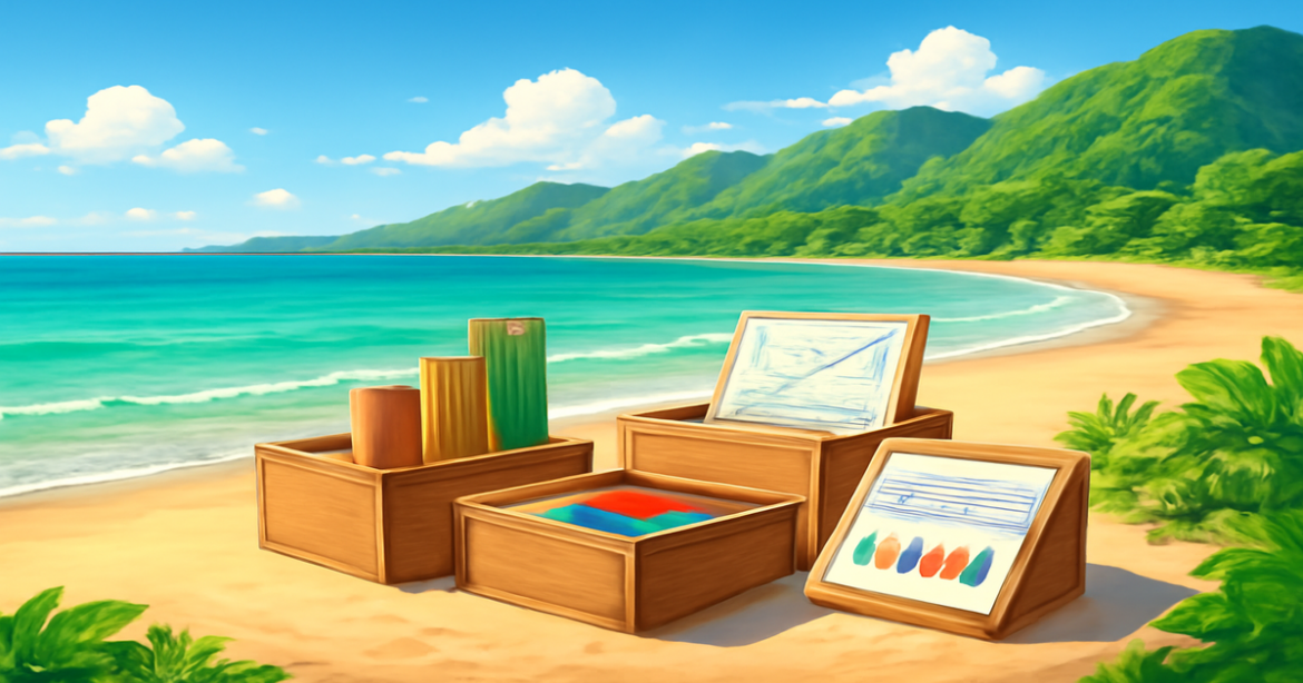 Explore investment products in a serene beach and mountain setting, perfect for financial growth inspiration.
