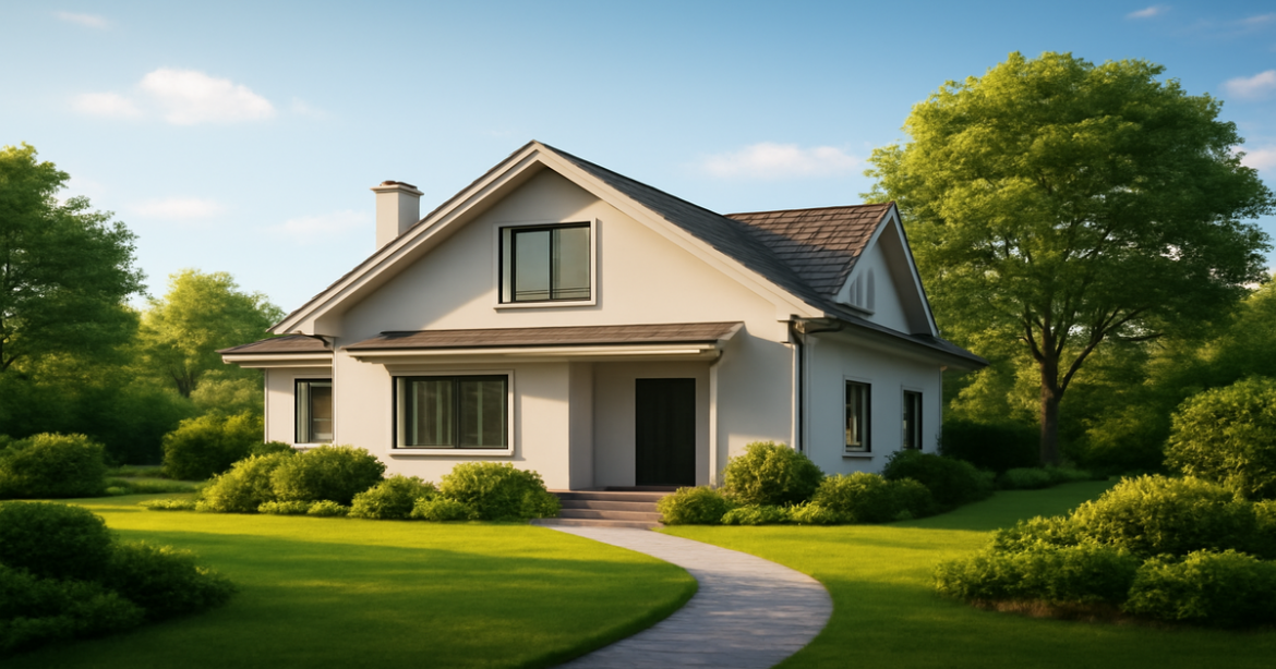 A peaceful home landscape representing ипотечное кредитование and personal finance.