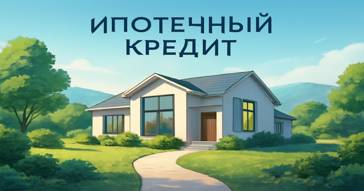 A peaceful home landscape symbolizing ипотечный кредит, featuring greenery and mountains, in a bright and relaxing mood.
