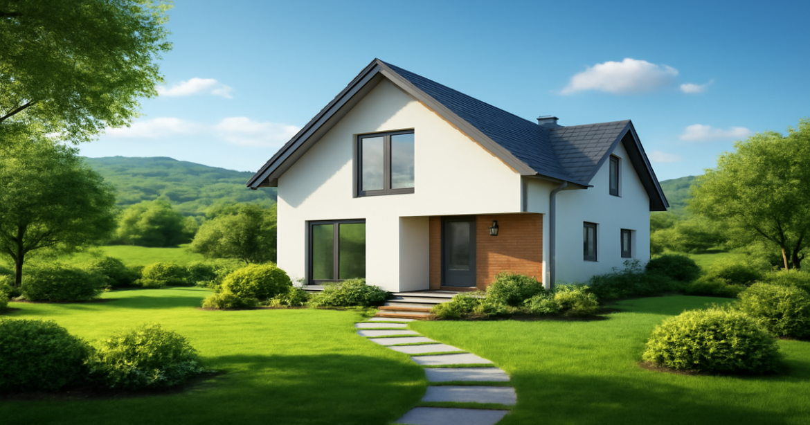 Modern house in a serene landscape representing ипотека and home ownership dreams.