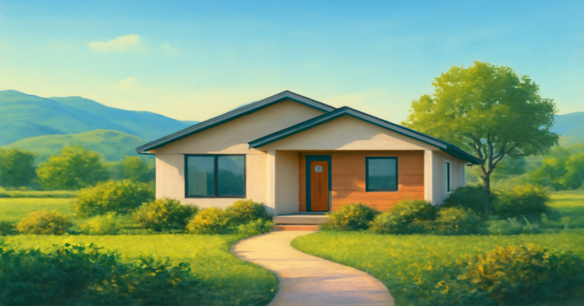 A modern house in a serene landscape, representing ипотечный кредит for new homeownership.