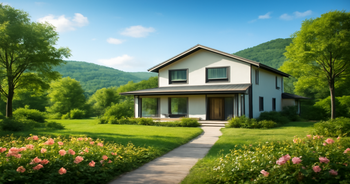 A modern home in a serene landscape, illustrating ипотека options for 2026.