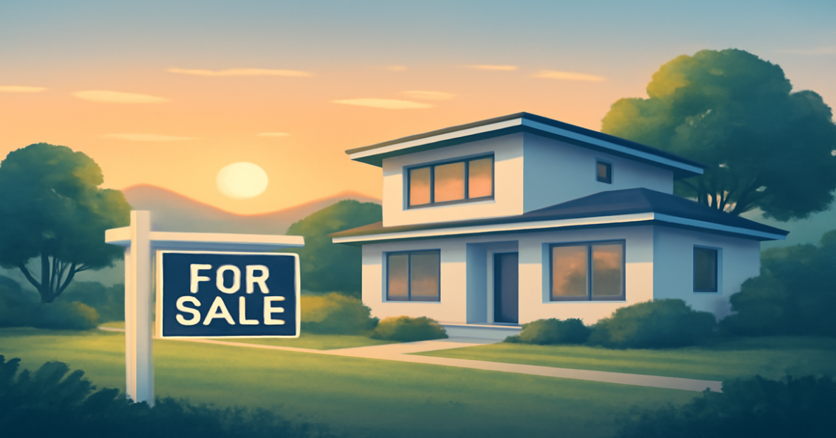 A tranquil home setting illustrating ипотека, with a sunset and mountains in the background.