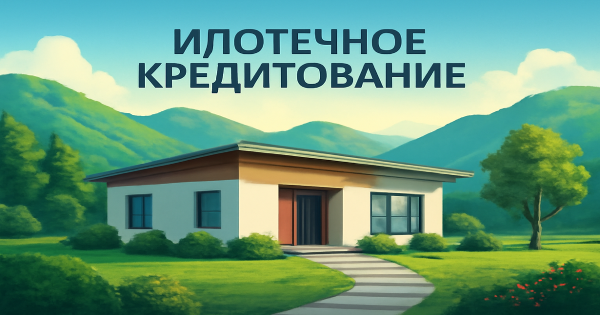 A tranquil home setting representing ипотечное кредитование in Russia, featuring mountains and a clear sky.
