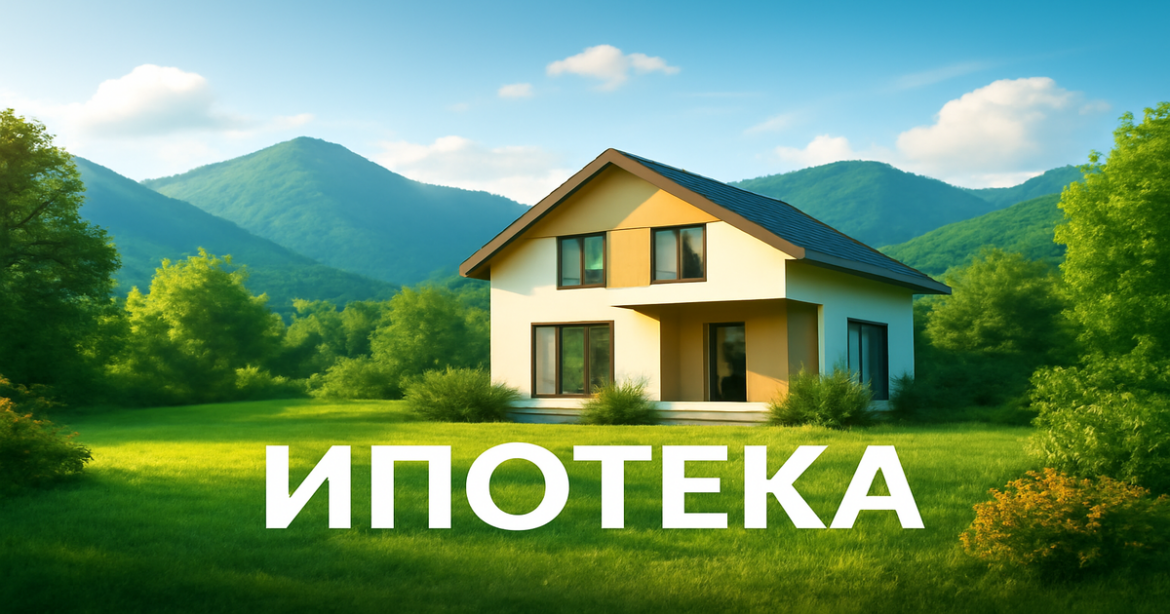 A tranquil landscape showcasing a modern house, representing ипотека and homeownership.