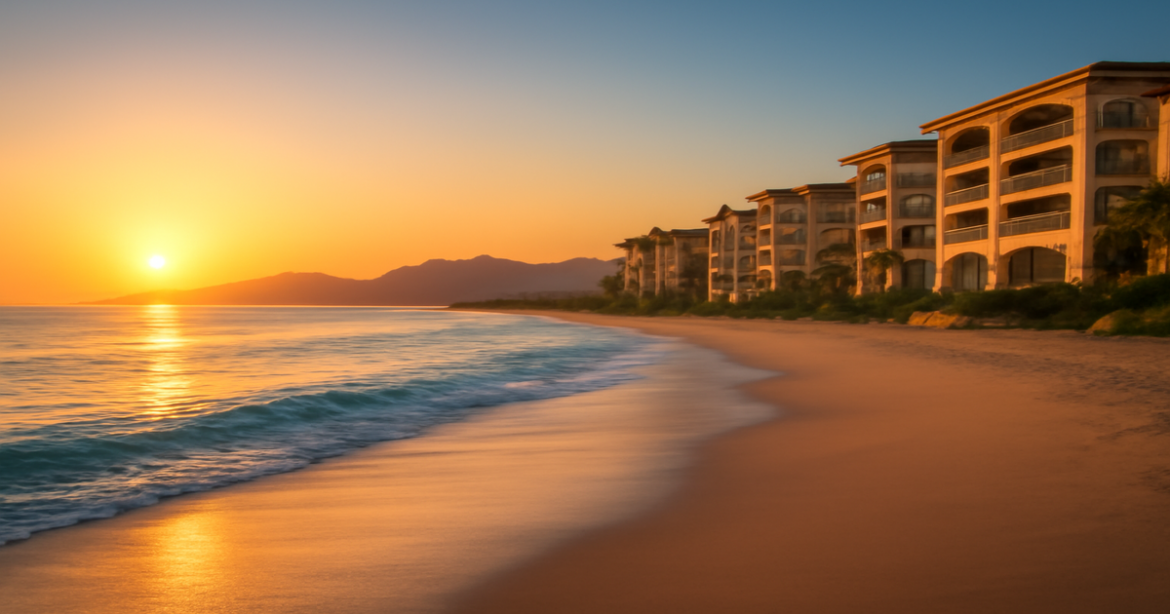 A peaceful beach landscape symbolizing savings through депозиты, featuring mountains and luxury hotels.