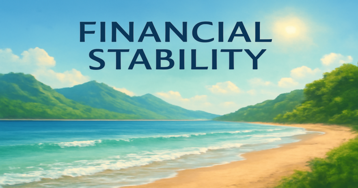 A tranquil beach and mountains symbolizing управление сбережениями for financial stability.