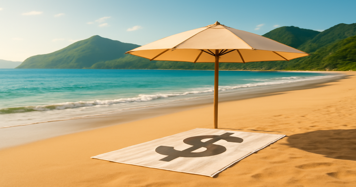 A peaceful beach scene representing управление финансами and financial stability, ideal for personal finance articles.