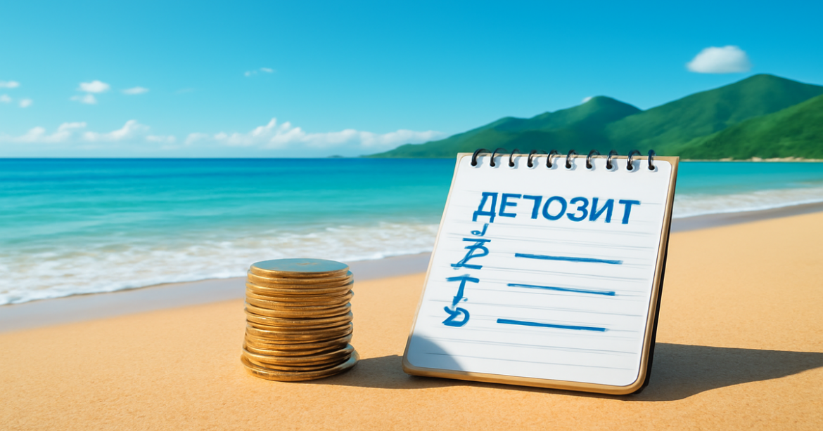A scenic beach with coins and financial notes symbolizing депозит savings strategies.