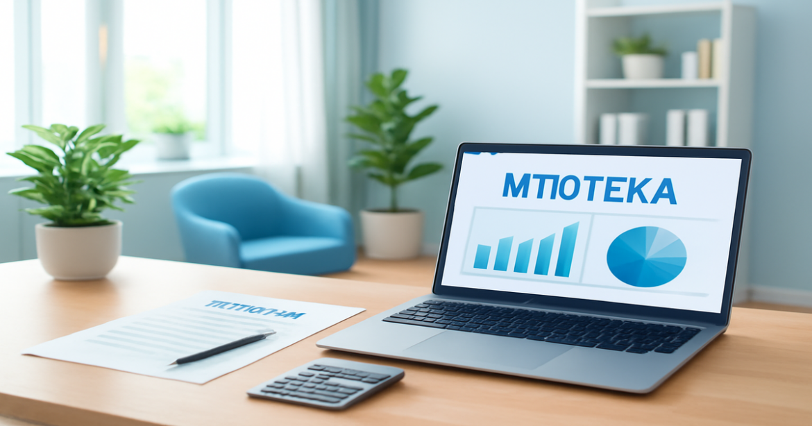 Professional office scene focused on ипотека, showcasing mortgage documents and a calculator.