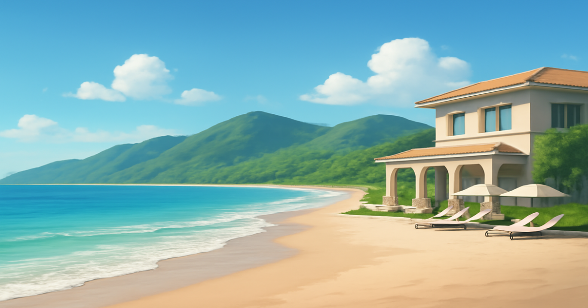 Investments concept illustrated by a relaxing beach landscape, symbolizing financial planning and personal growth.