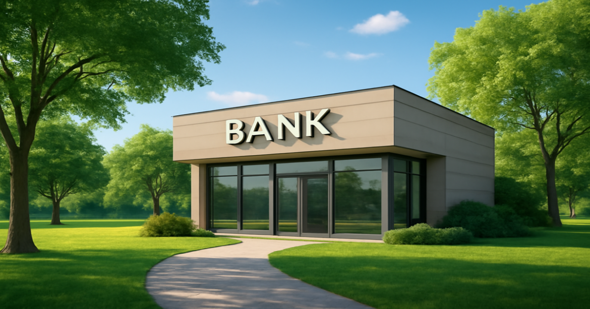 A tranquil bank setting symbolizing the best mortgage loan options available.