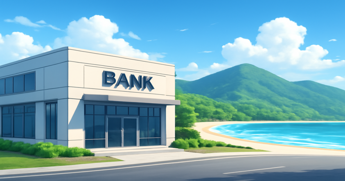 A professional image illustrating ипотечный кредит in a serene landscape with a bank and nature.