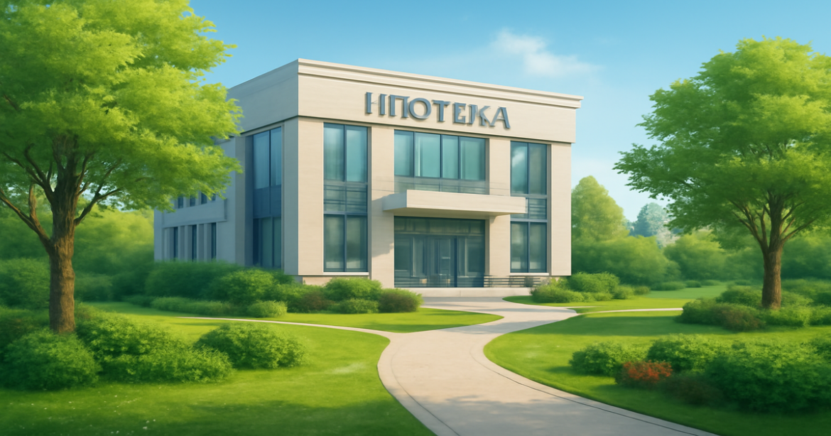 Modern bank building representing ипотека process in Russia, set in a serene landscape.