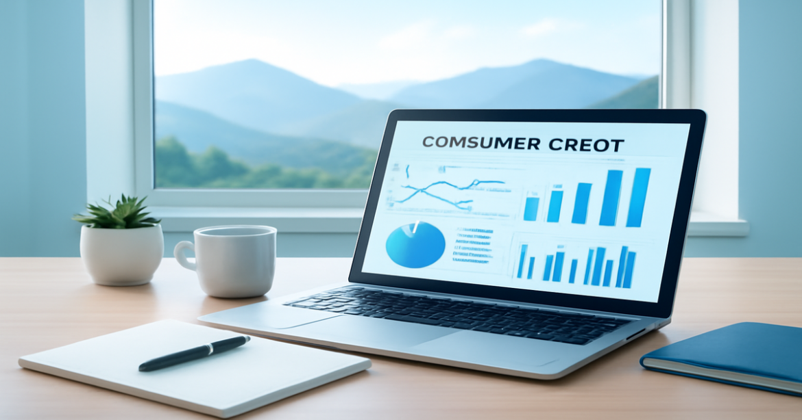A professional image illustrating consumer credit with a serene office view and financial planning elements.