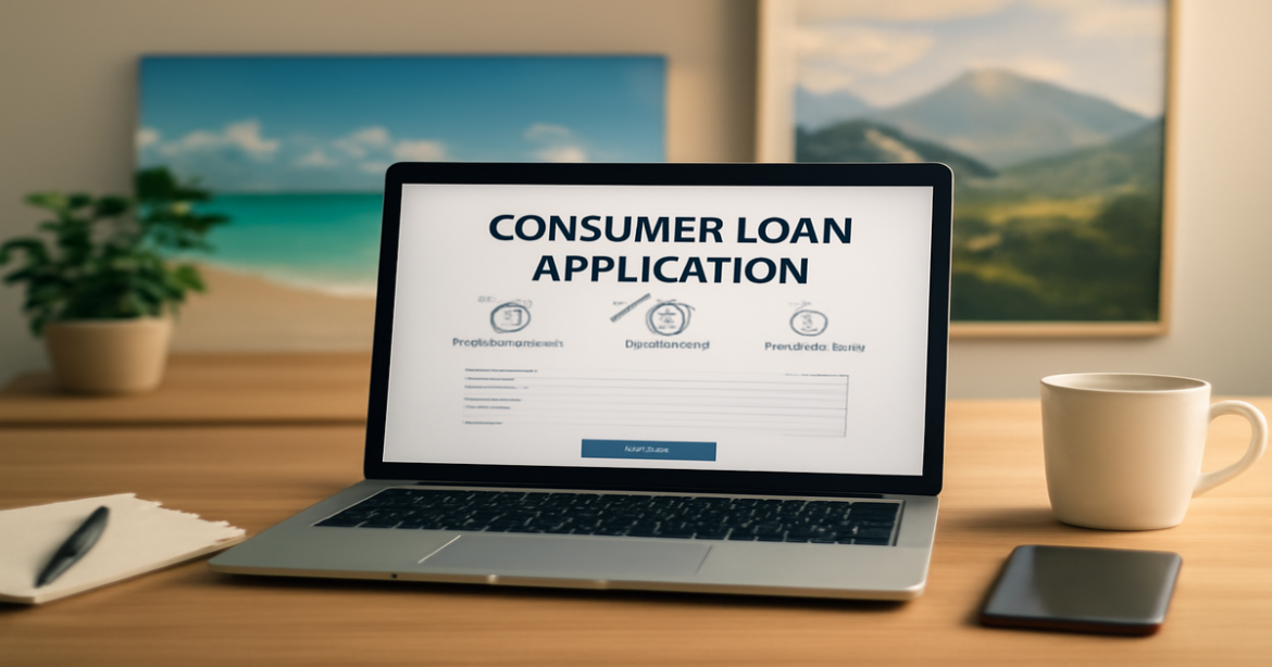 Professional image depicting a consumer loan application process with tranquil travel elements.
