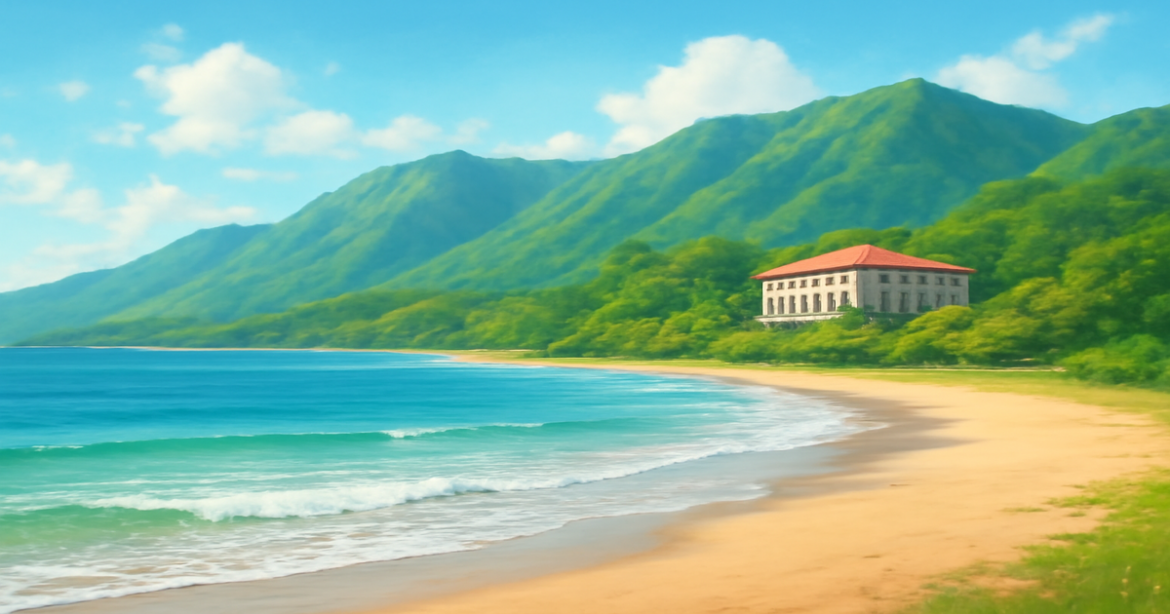 Beautiful beach and mountains scene, ideal for enhancing финансовая грамотность through travel.