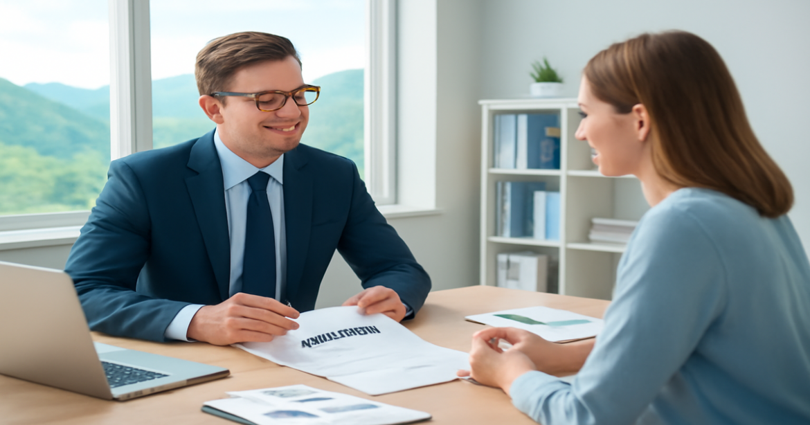 Professional office scene illustrating ипотека consultation with modern design and mountains view.