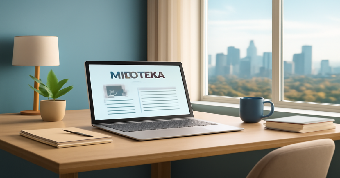 Professional office space illustrating ипотека with mortgage documents and a city skyline view.