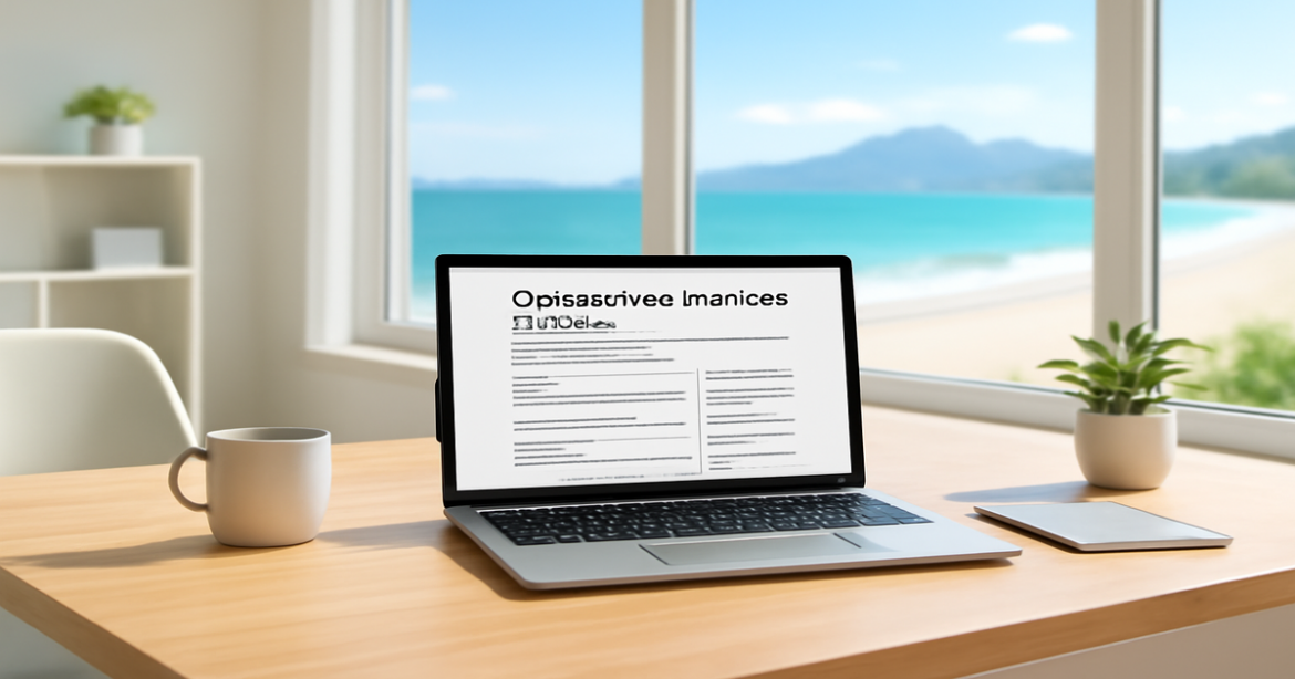A professional workspace showcasing оформление личного кредита with a beach view.