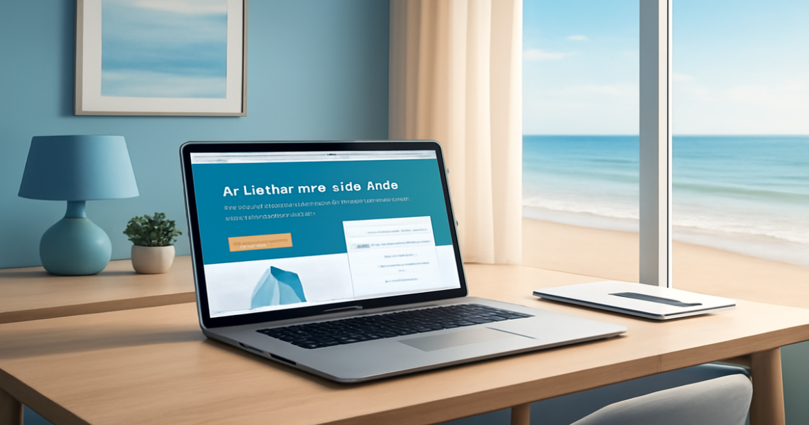 A professional office setting illustrating a накопительный счет with a beach view for financial planning.