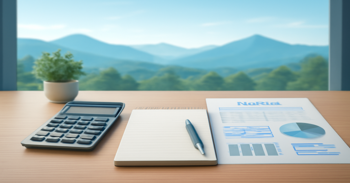 A professional workspace illustrating планирование бюджета with budgeting tools and a calming nature backdrop.