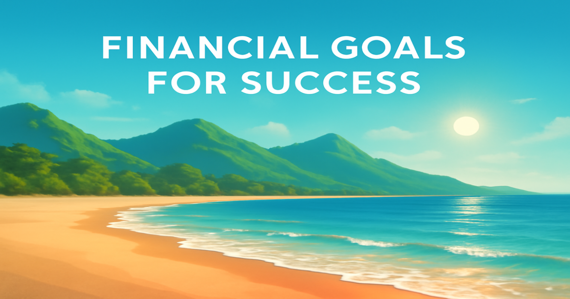 A peaceful beach scene symbolizing financial goals and success, featuring mountains and clear skies.