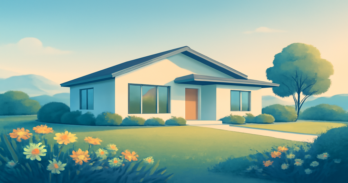 A tranquil house scene representing the concept of ипотека and real estate investment.