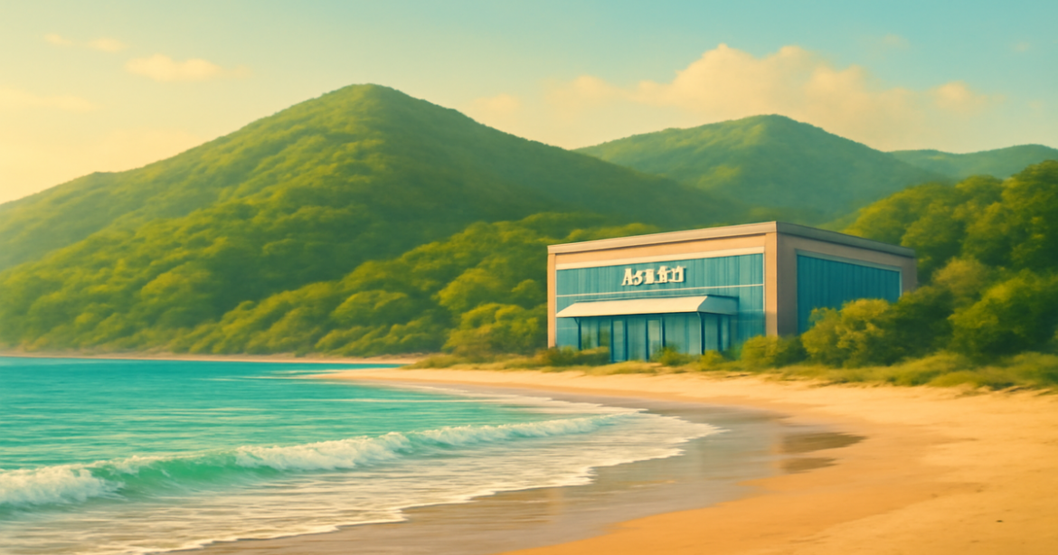 A peaceful beach and mountains representing the concept of депозиты and financial growth.
