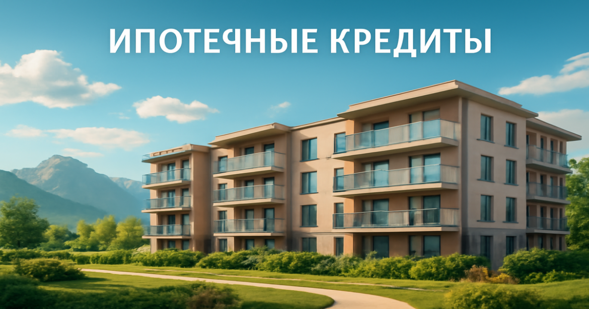 Modern apartment complex symbolizing ипотечные кредиты in Russia, with mountains and nature in the background.
