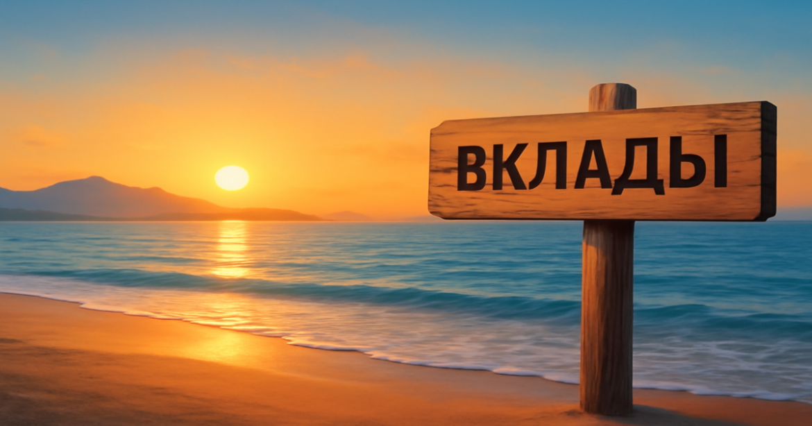 Peaceful beach at sunset symbolizing financial growth with 'вклады' signpost, ideal for savings and planning.