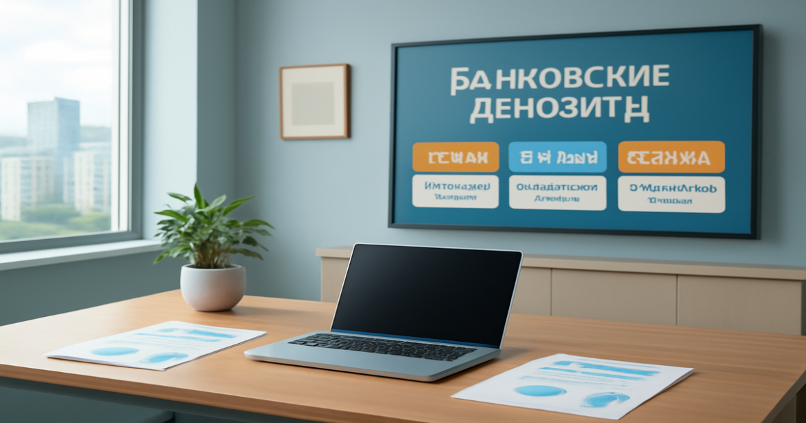 A modern office scene illustrating банковские депозиты, featuring a serene workspace and city view.