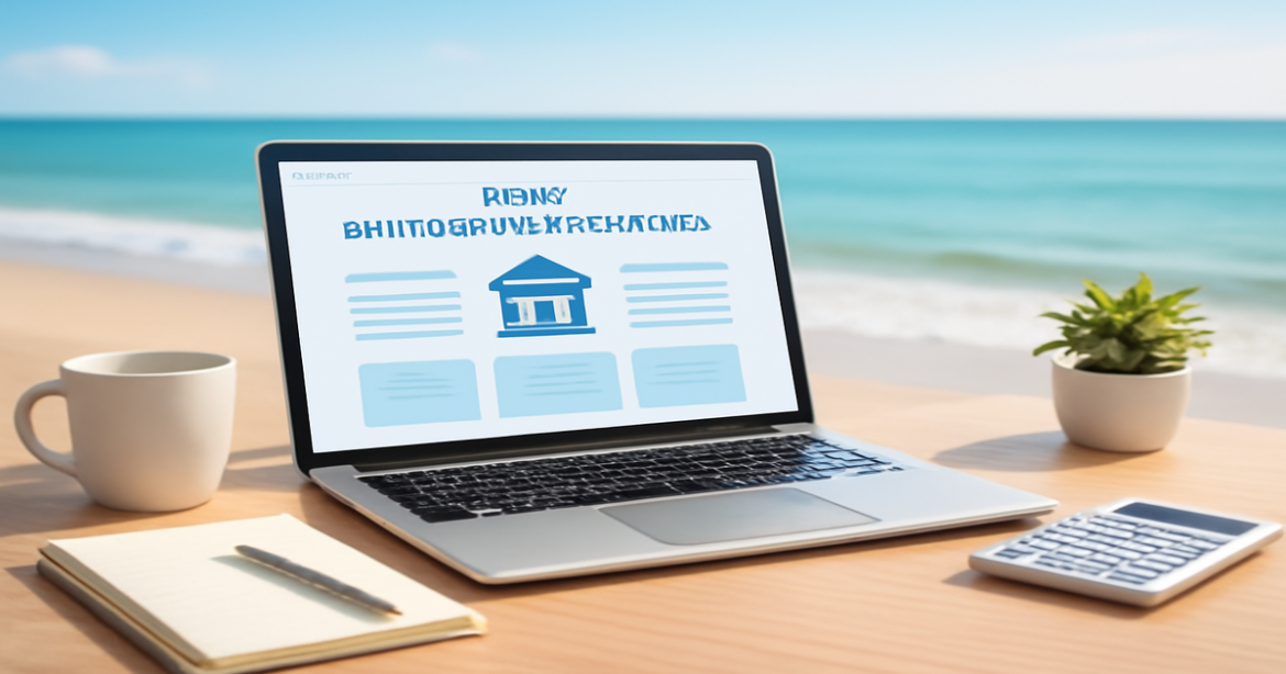 A professional image illustrating выбор банковского депозита with a tranquil beach backdrop.