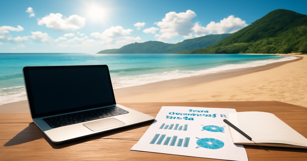 A professional image representing выбор банковского продукта in a relaxing beach setting.