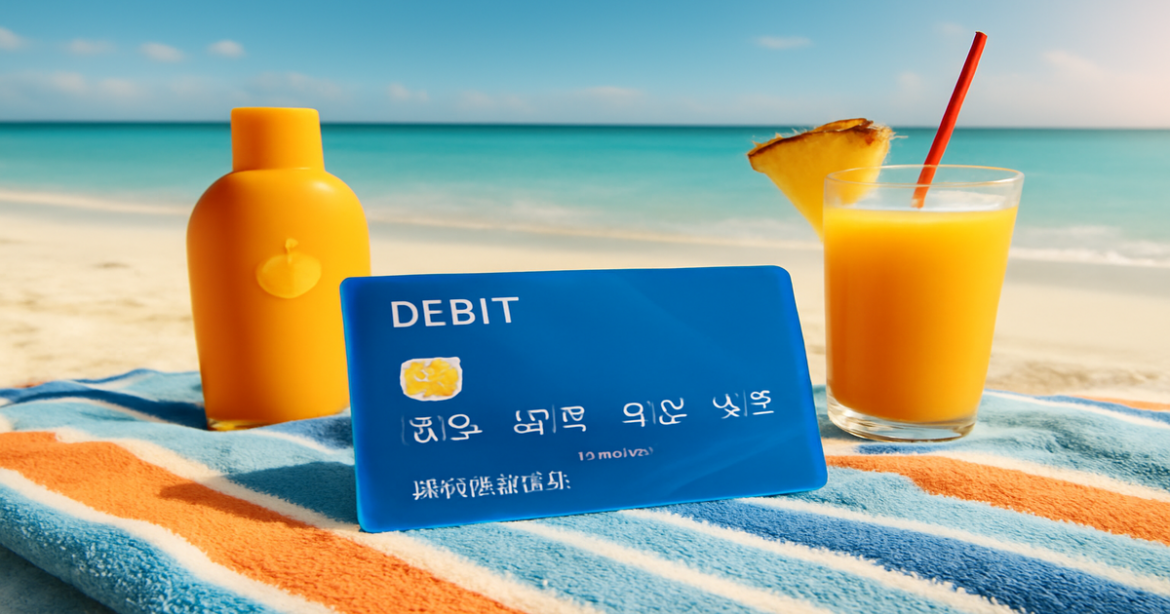 A debit card placed among travel essentials on a beach, symbolizing everyday financial management.