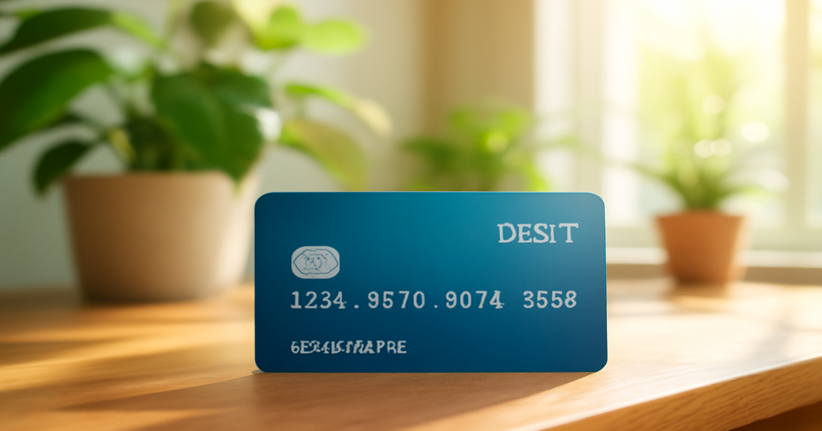 A relaxing image of a debit card on a wooden table with natural elements, ideal for financial articles.