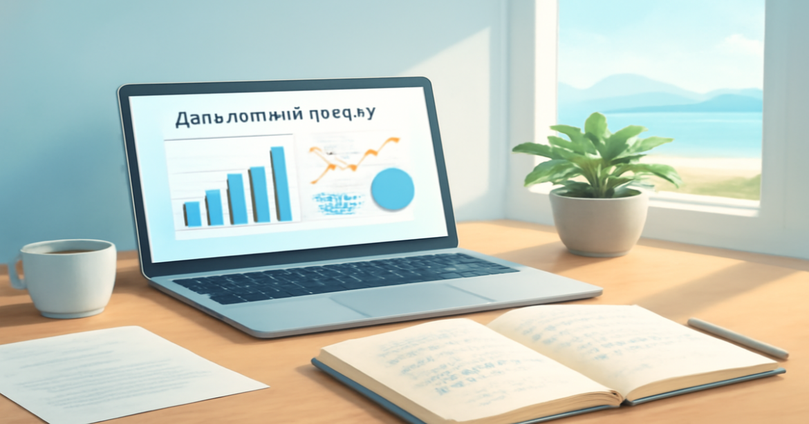 A professional workspace for selecting депозитный продукт, featuring nature and a bright color palette.