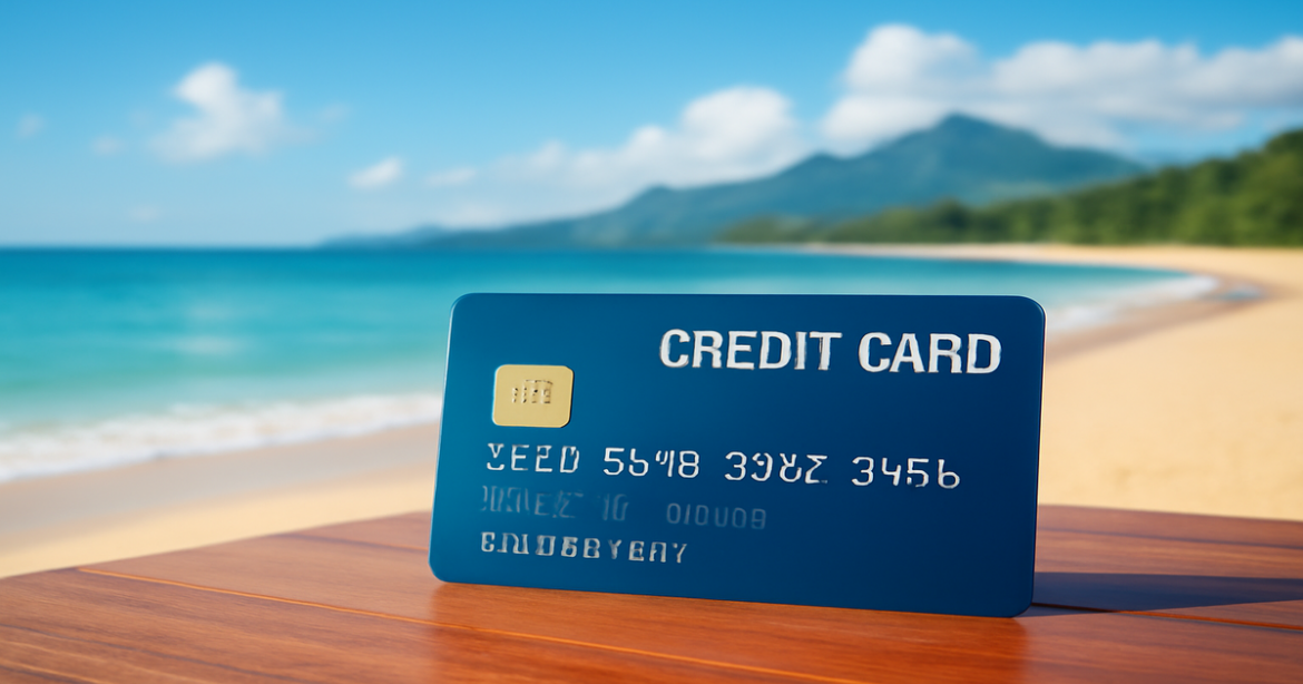 A serene beach scene with a credit card representing умный выбор кредитные карты.