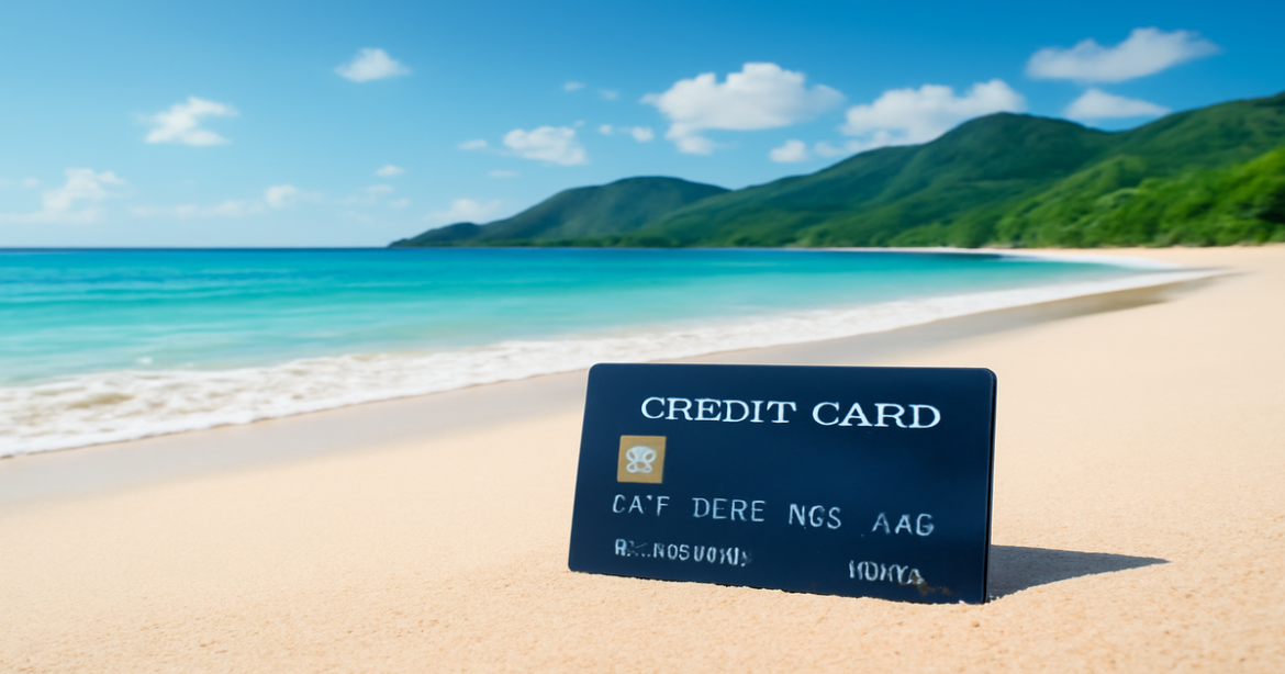 A tranquil beach scene featuring credit cards, symbolizing financial management in travel.