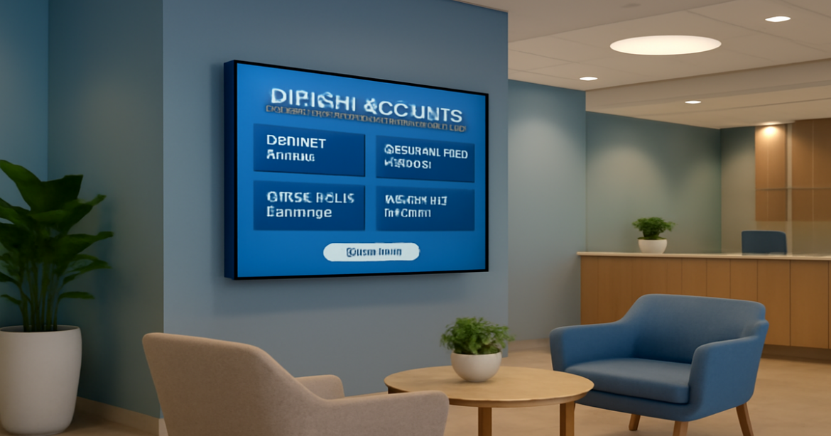 Professional bank lobby showcasing options for a депозитный счет in a calming environment.