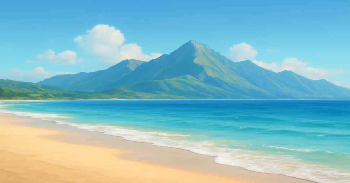 A tranquil beach and mountain landscape, representing the ideal кредитный продукт for financial success.