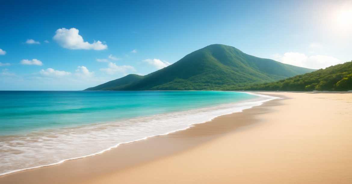 A calming beach and mountain scene, ideal for exploring investment products and financial planning.