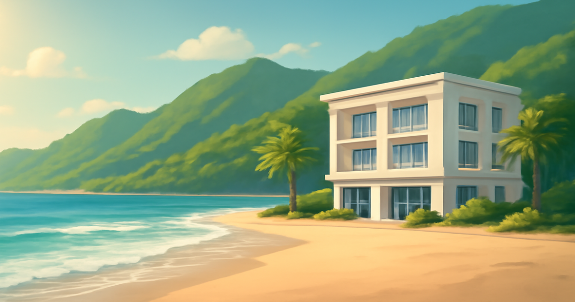 Stunning beach and mountain view representing investment products and financial planning.