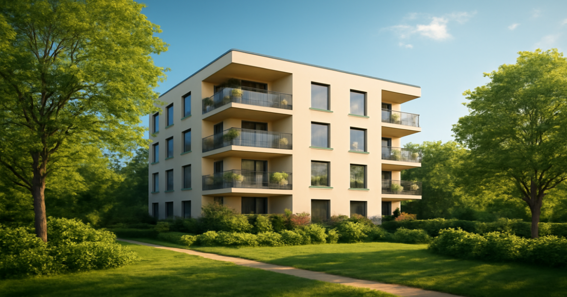 Modern apartment building symbolizing the benefits of ипотечный кредит for homeownership.