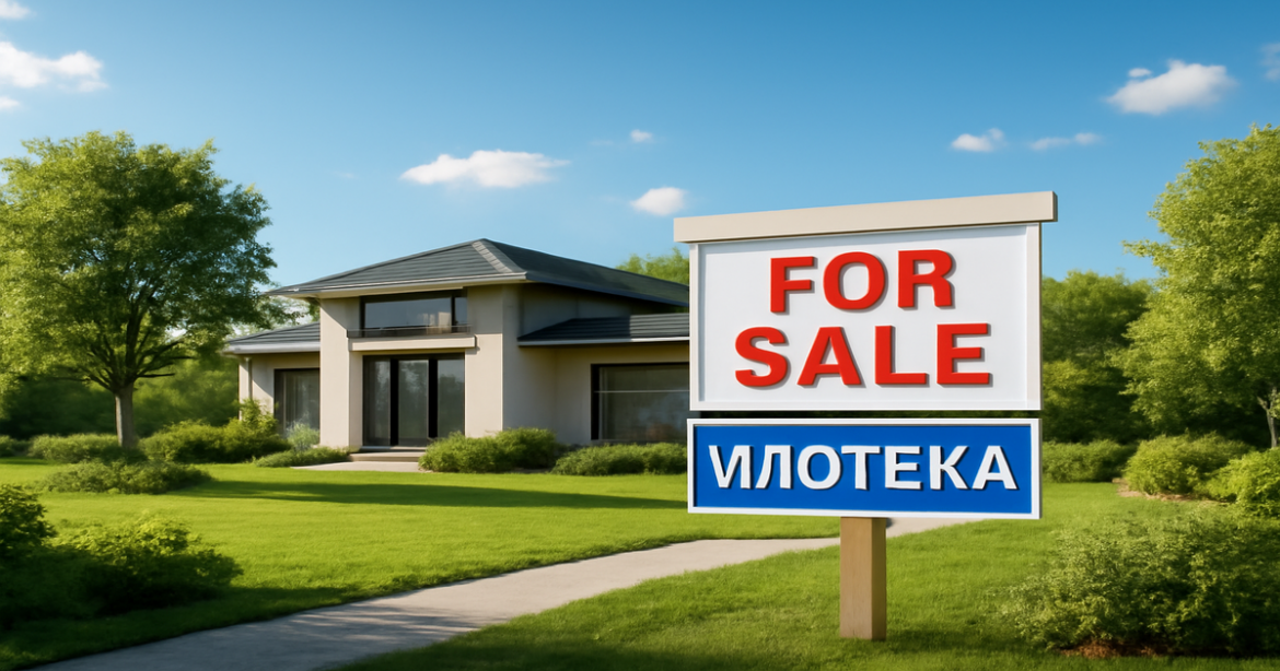 Visual representation of mortgage (ипотека) choices with a modern home in a beautiful setting.