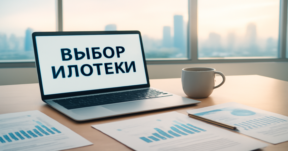 Professional workspace image highlighting выбор ипотеки in Russia with a city skyline view.