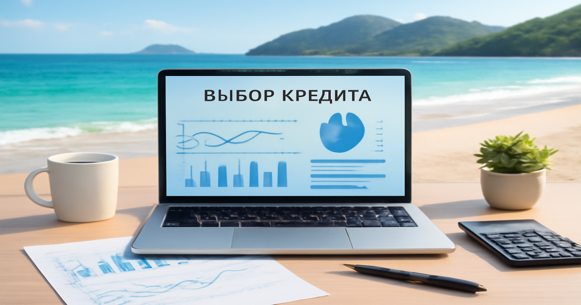 Professional image depicting выбор кредита in a relaxing beach setting, ideal for financial planning articles.