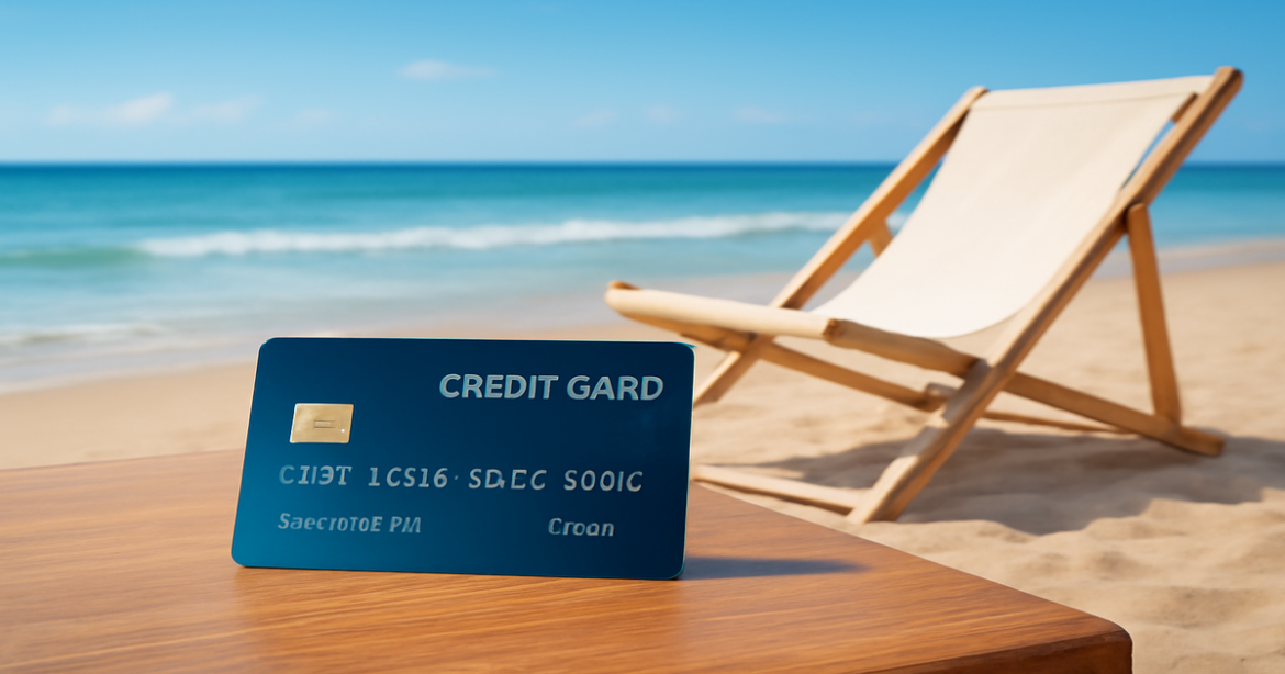 A credit card on a table by the beach, symbolizing smart financial choices for everyday expenses.