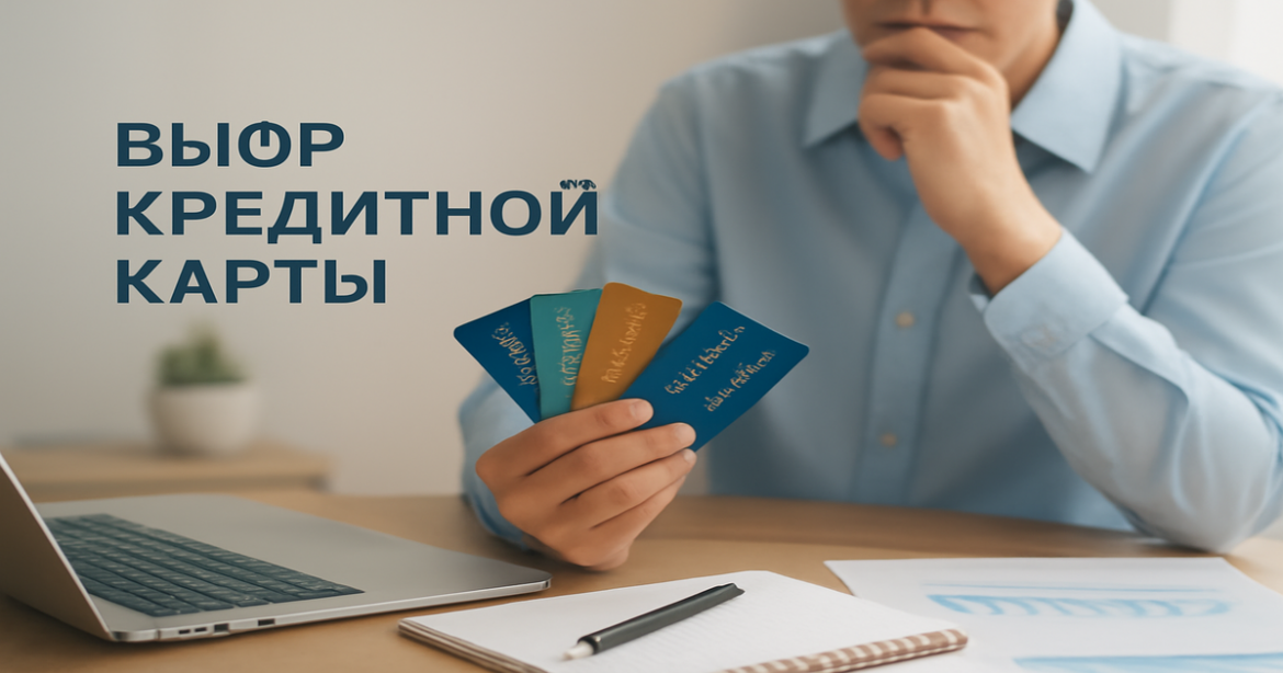 A tranquil scene illustrating the выбор кредитной карты with credit cards and financial documents.